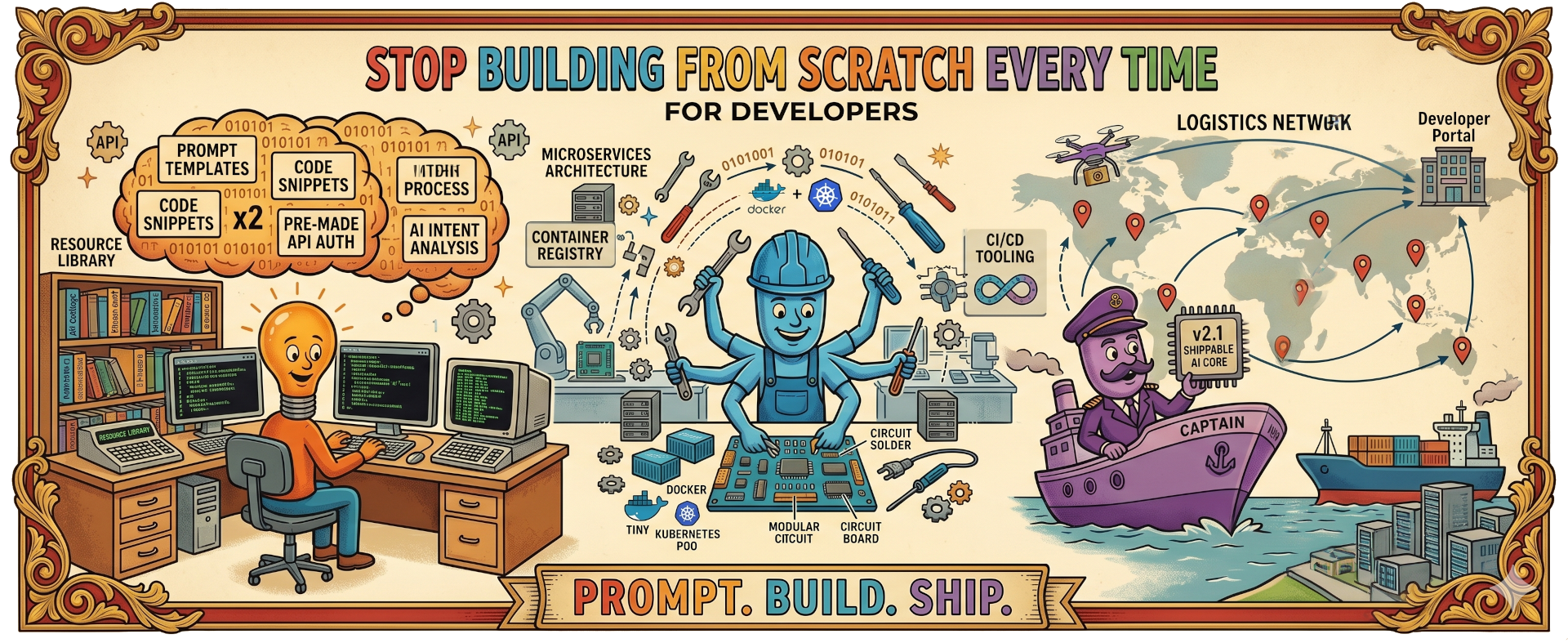 Stop building from scratch every time — illustrated guide for developers, showing prompt, build and ship characters at work